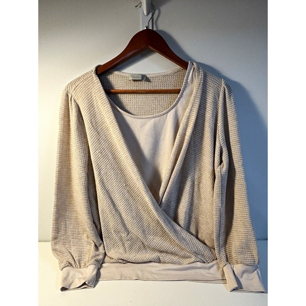 Unbranded Beige Knit V-Neck Pullover Layered Sweater Long Sleeve Large
